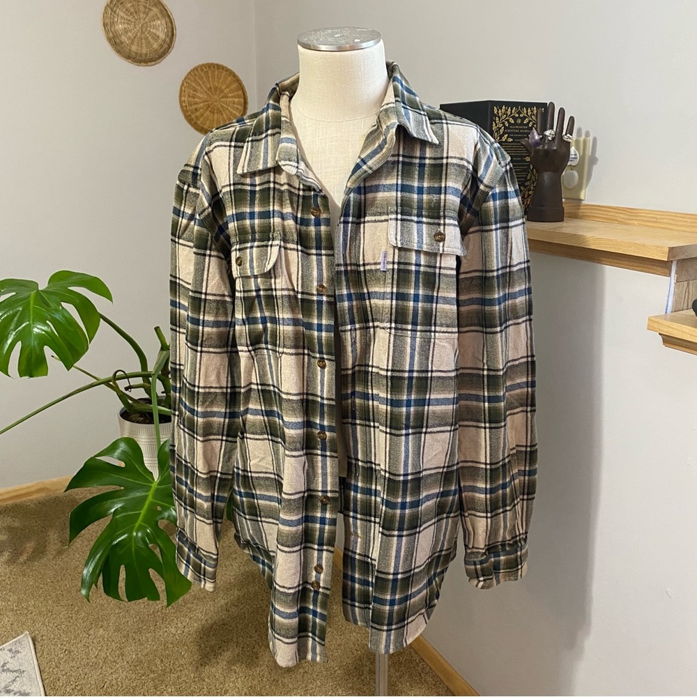 Carhartt original fit tan green flannel button down long sleeve size large
